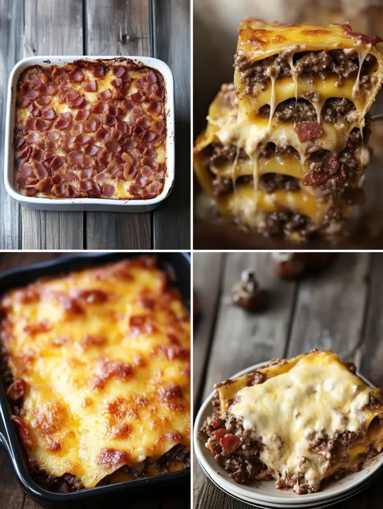 Step-by-step preparation of Parmesan garlic bacon cheeseburger lasagna showing cooking and assembly