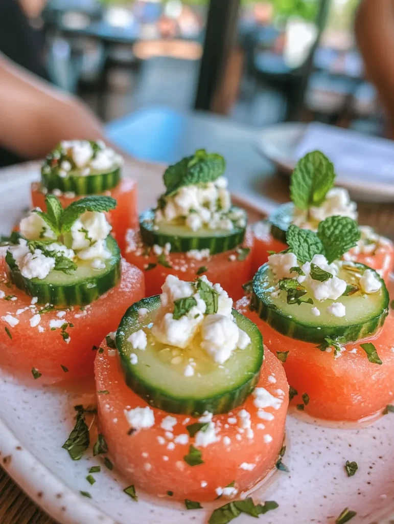 Close-up of single watermelon cucumber bite with balsamic drizzle