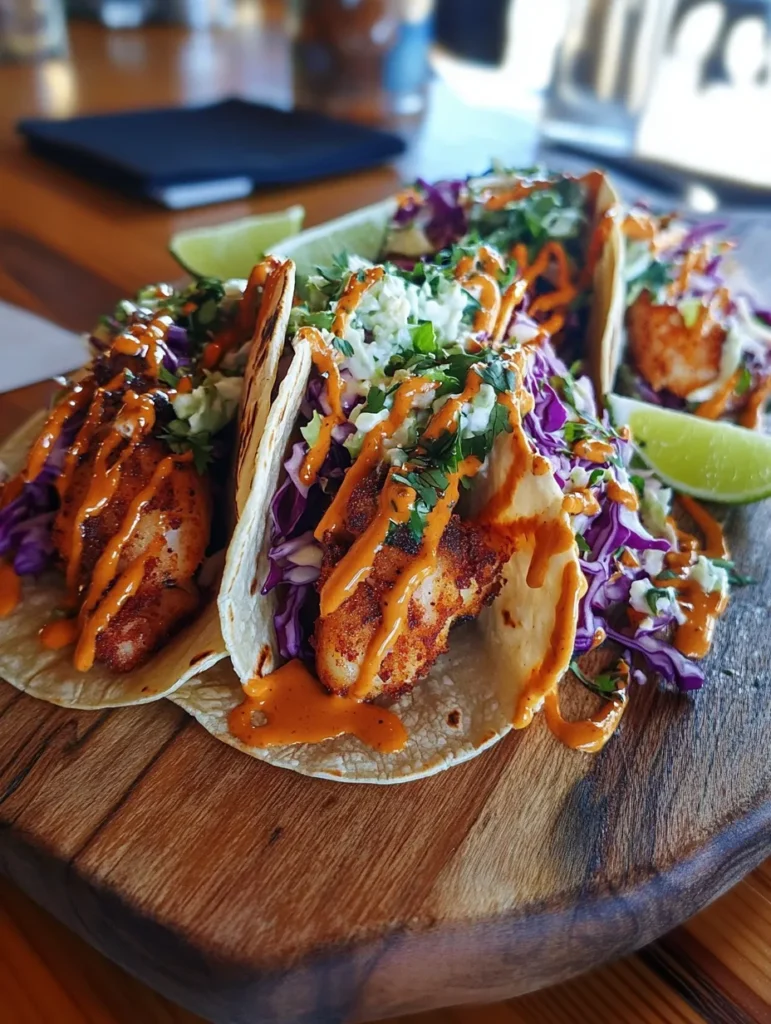 Overhead view of fish taco spread with sides and garnishes