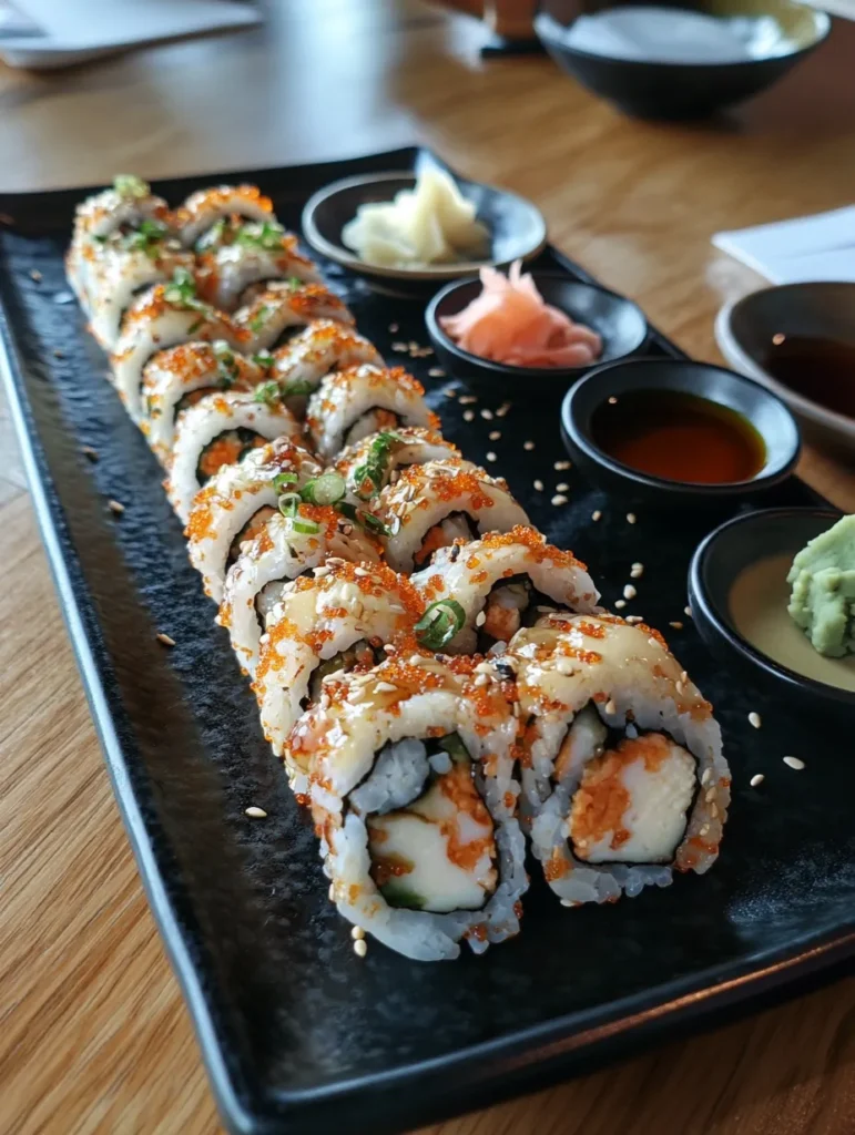 Complete vegan sushi meal with California rolls, miso soup, and edamame on bamboo mat