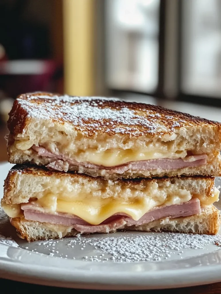 Ingredients laid out for making Monte Cristo sandwich including bread, ham, cheese, and eggs