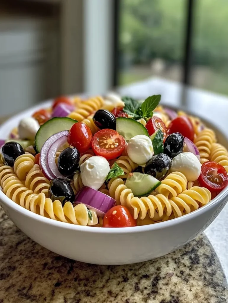 Italian pasta salad served with grilled chicken and garlic bread on outdoor table